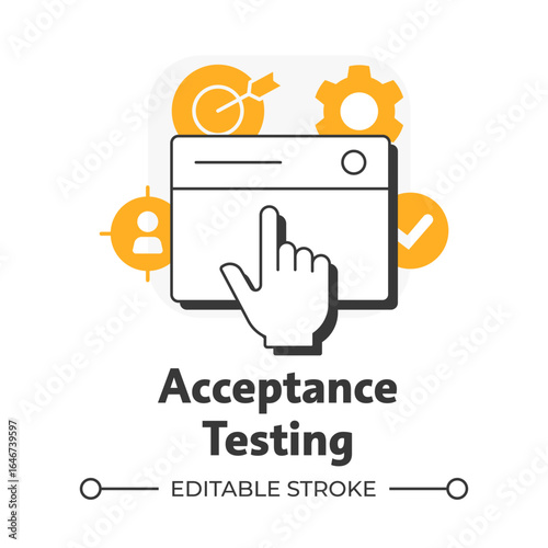 Acceptance testing flat outline concept icon. Target customer, goal. User experience, quality assurance. Modern line illustration with orange glyphs. Conceptual visual. Easy to edit