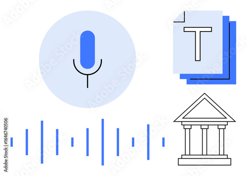 Blue microphone icon, soundwaves, text documents, and classical building symbolize voice-to-text technology, AI, transcription, legal documentation. Ideal for AI, technology education media