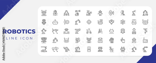 Robotics line icon set. Contains such icons as science, robot, machine, bot, ai, robotic, artificial, tech. Robotics icons set collection vector illustration.