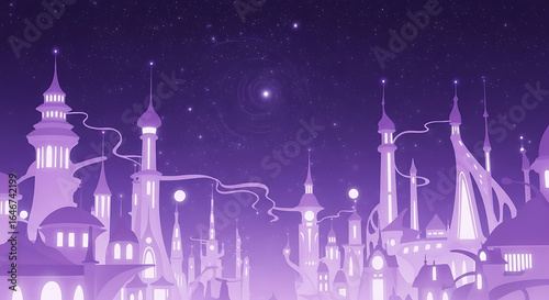 Purple fantasy city at night, illuminated towers and buildings.