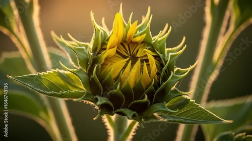 Close-Up of Sunflower Bud at Sunrise with Field Background – Premium Floral Nature Footage for Advertising