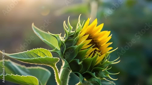 Sunrise Sunflower Bud Close-Up with Field Background – Aromatherapy Spa Nature Footage