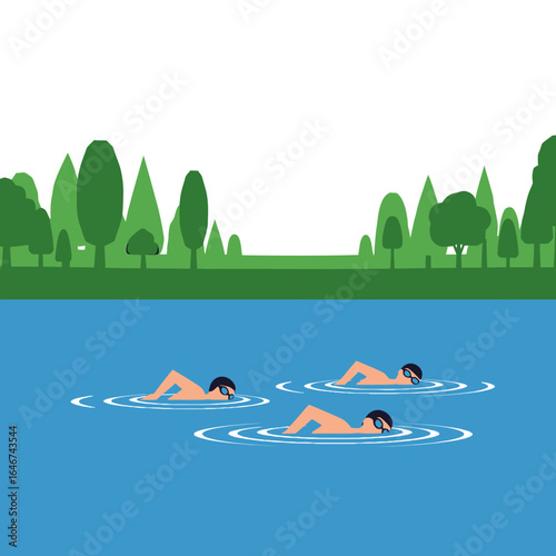 Open Water Swimmers in a Lake, A Triathlon Training Session in Nature