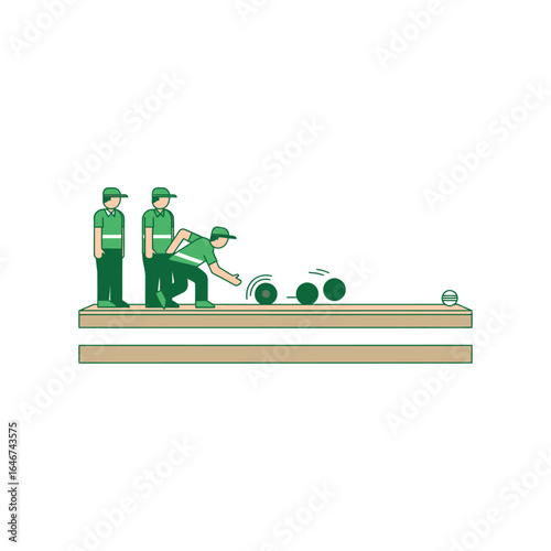 Illustration of men playing lawn bowls on a bowling green, Game of bowls illustration with players and balls, ready for action