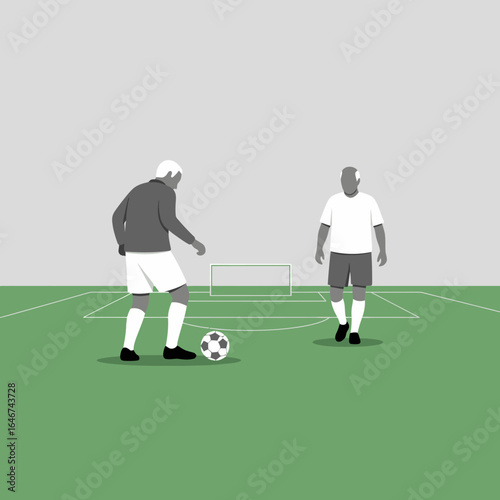 A monochromatic illustration of two elderly men playing soccer on a green field,Two elderly men playing soccer in a grayscale illustration on a green field