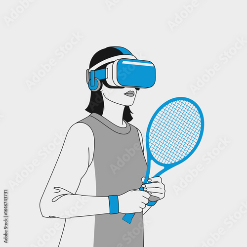Tennis player in virtual reality headset, A woman playing tennis in a VR simulation and holding a racket