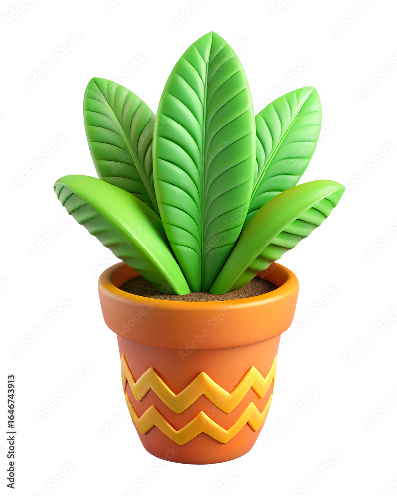 Obraz premium 3d icon of green potted plant with zigzag pattern isolated on transparent background