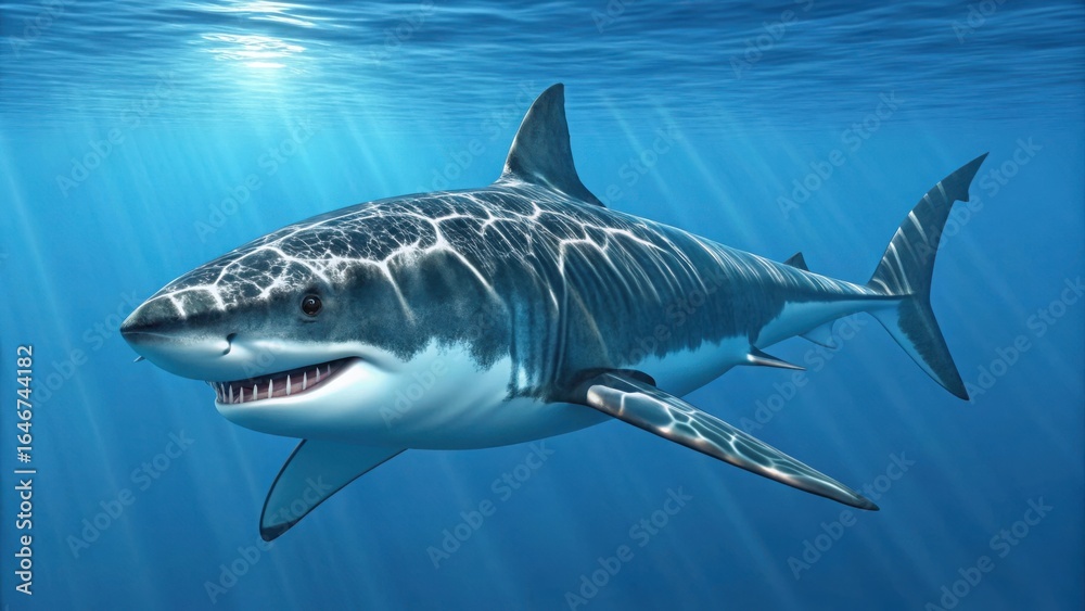 Fototapeta premium Majestic great white shark glides through sunlit ocean waters with sharp teeth visible