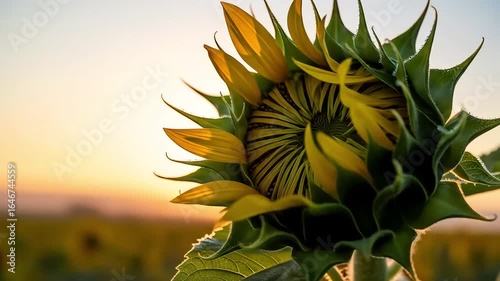 Close-Up of Sunflower Bud at Sunset with Field Background – Romantic Beauty Product Ad Cinematic Clip