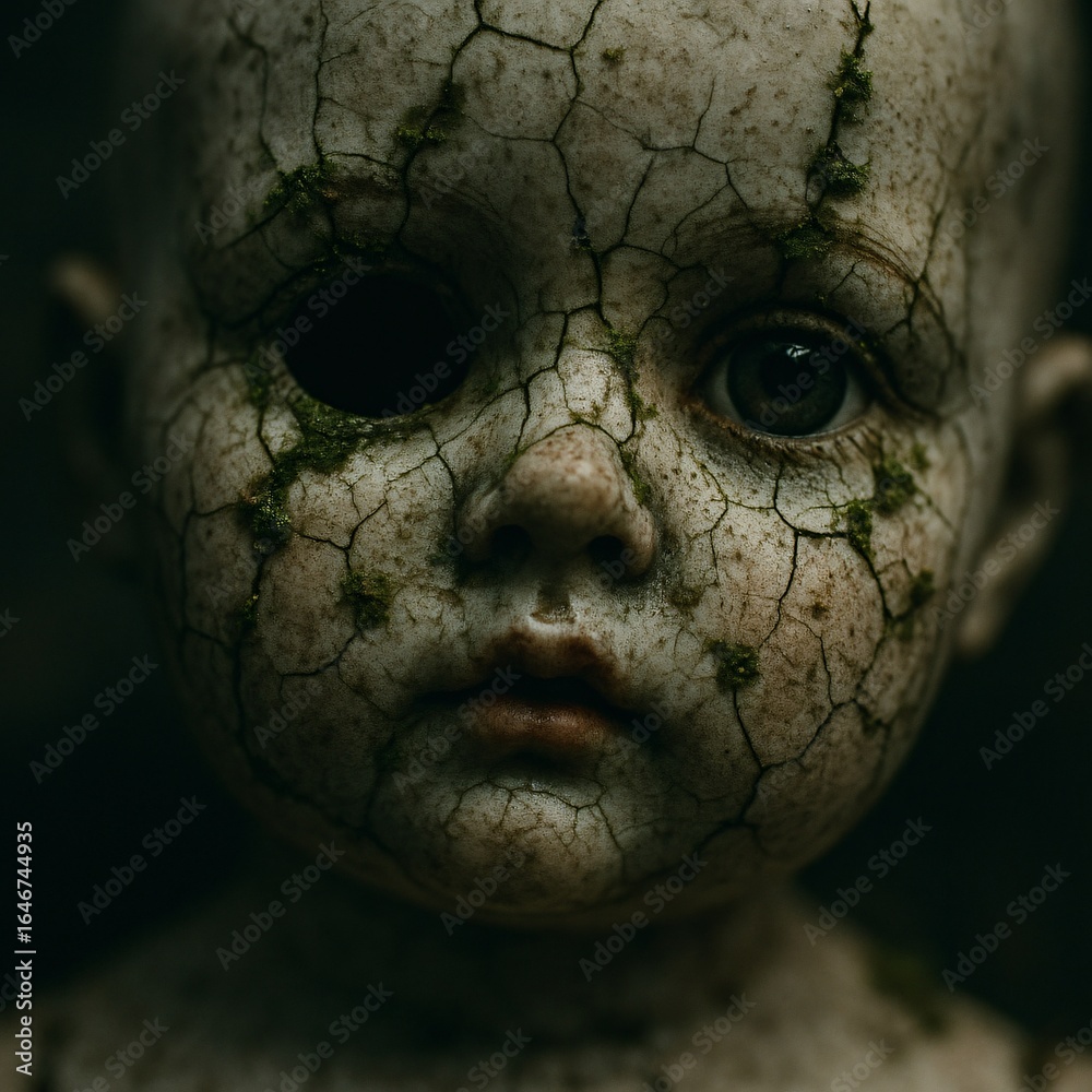 Extreme Close-Up of Cracked Porcelain Doll Face with One Eye Missing and Moss Growing in Crevices Extreme Close-Up of Cracked Porcelain Doll Face with One Eye Missing and Moss Growing in Crevices