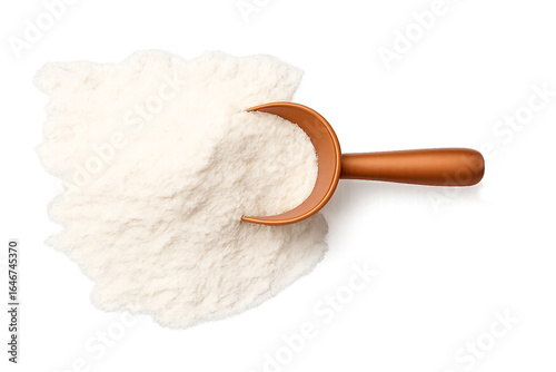 Top view of white nutritional powder like flour or protein with a wooden scoop, isolated.