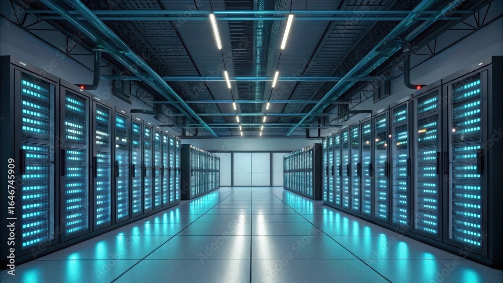 Fototapeta premium Modern server room with rows of glowing blue computer racks