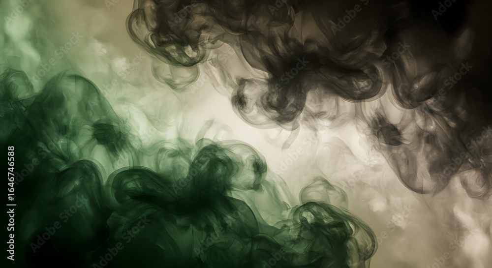 Fototapeta premium Abstract Smoke Artistry: Elegant and ethereal swirls of green and black smoke dance in an artistic display. Blending light, shadow, and color to captivate the imagination.