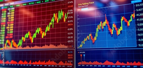 Charts and graphs showing stock market data, displaying fluctuating prices,   recession,   market indicators