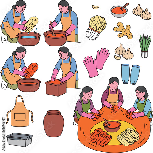 Traditional Korean Kimchi Making Process Vector Line Illustration Set