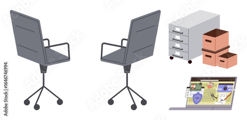 Rotating office chairs, a file cabinet with drawers, cardboard boxes, and a laptop screen featuring cybersecurity elements. Ideal for workspace, organization, storage, digital security, office setup
