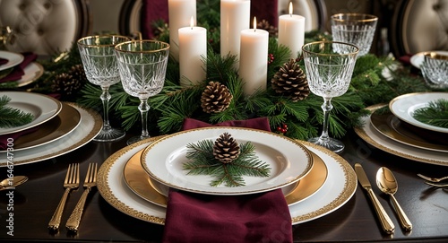 Elegant christmas table setting with gold rimmed plates and crystal wine glasses arranged nicely