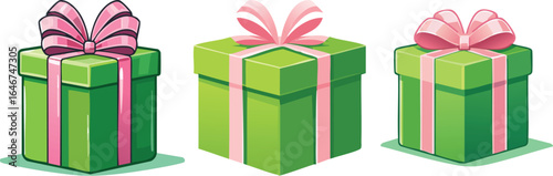 A charming and stylish gift box wrapped in a lovely mint green paper, delightfully contrasted with a bright, cheerful hot pink ribbon tied into a perfect bow.