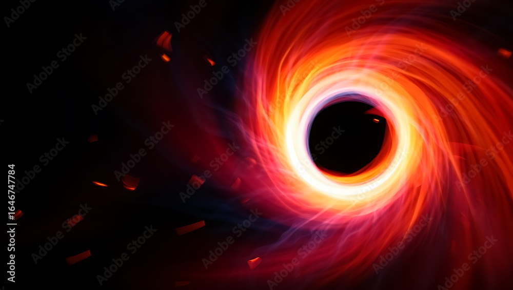 Fototapeta premium A vibrant swirling accretion disk of superheated gas and plasma surrounds a dark mysterious black hole in the vastness of deep space