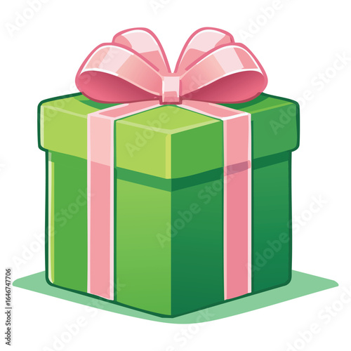 A contemporary and fun present with a trendy color combination of a green gift box and a playful pink ribbon, isolated on a white background for a clean look.
