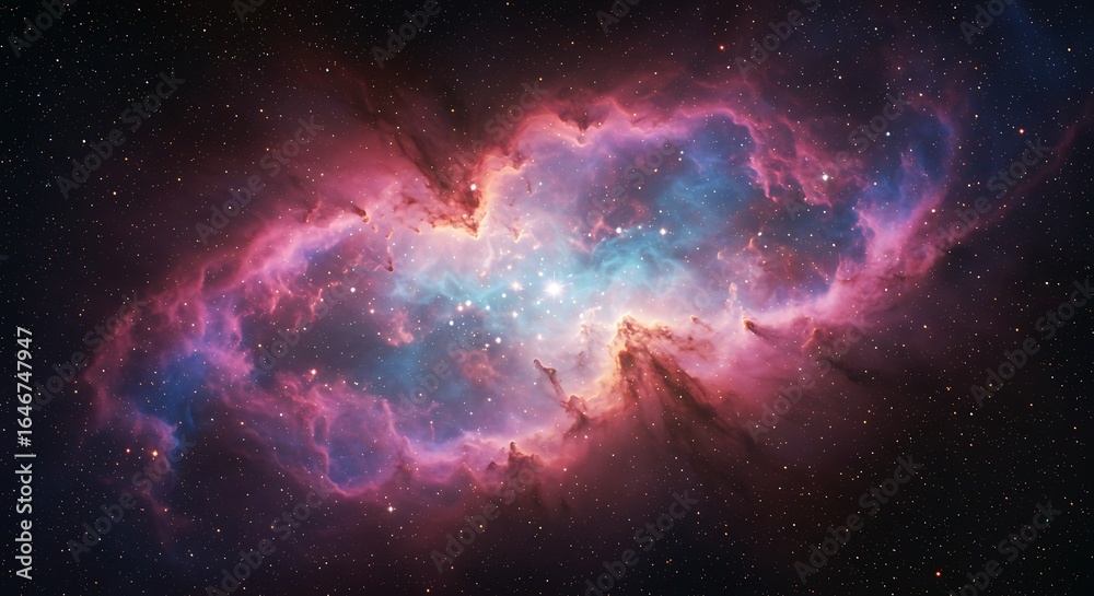 Obraz premium A breathtaking cosmic cloud, a luminous stellar nursery of gas and dust, radiating a vibrant, ethereal glow across the vast, intricate expanse of the distant universe.