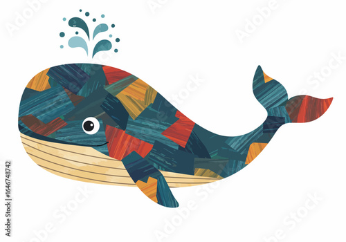 Colorful Patchwork Whale with Water Spout Illustration