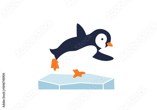 Cartoon Penguin Leaping from Iceberg, Isolated on White Background