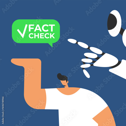 Fact check Chat Bot and businessman. Concept of thorough fact-checking or easy compare evidence. Flat Vector stock illustration.