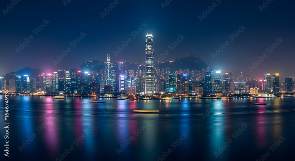 Fototapeta premium Illuminated Cityscape at Night Reflecting on Water