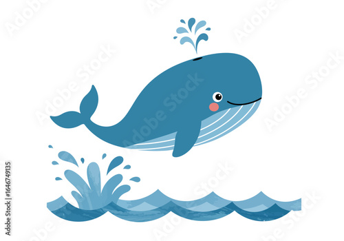 Cartoon Blue Whale Leaping Over Ocean Waves with Water Spout
