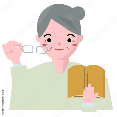 眼鏡を外して本を読むおばあちゃん。眼鏡を外して読書をするおばさん。ベクターイラスト