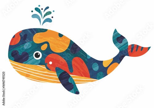Colorful Cartoon Whale with Water Spout Illustration