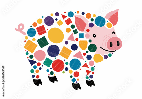 Geometric Pig Illustration with Colorful Shapes and Pink Accents