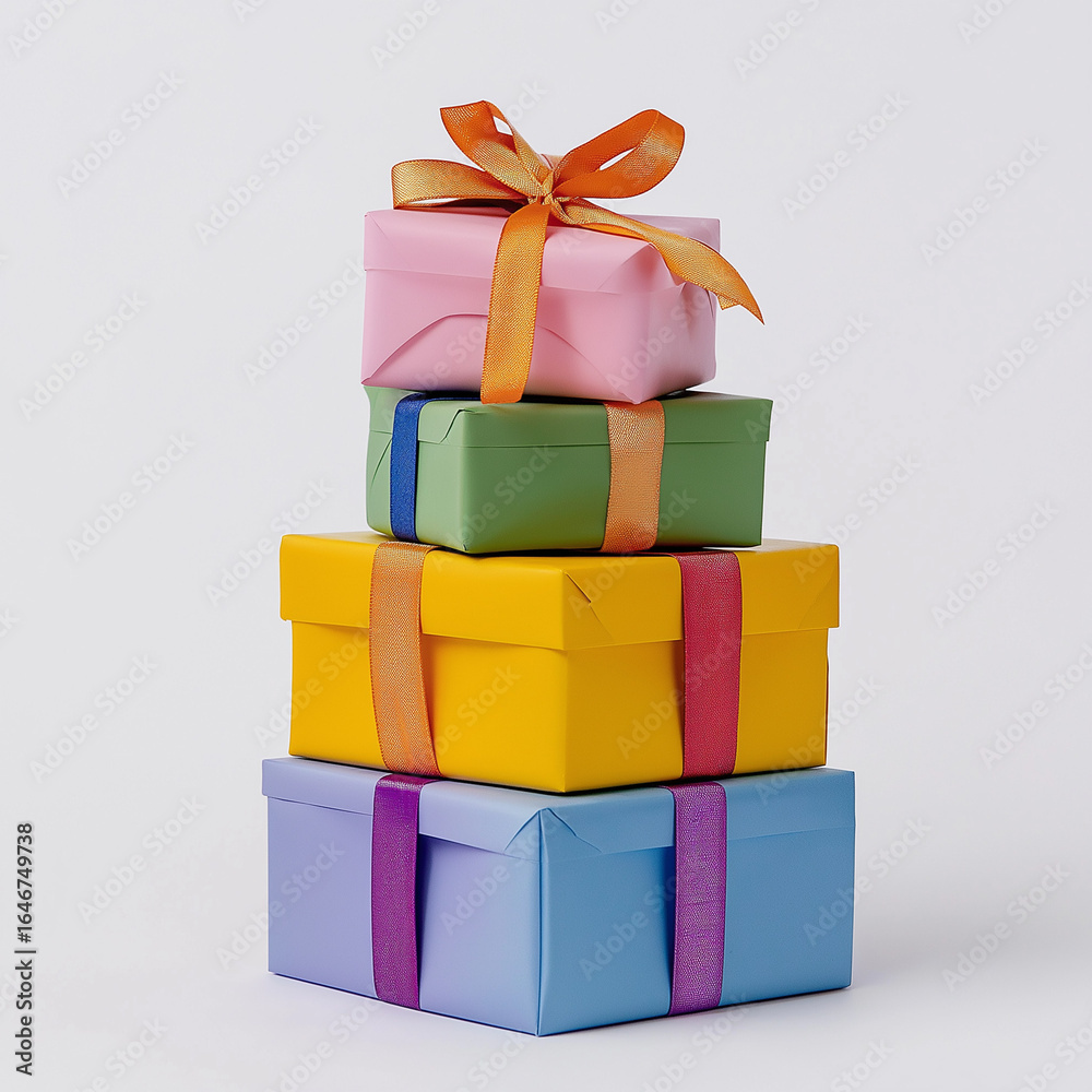 Obraz premium Stack of colorful gift boxes with ribbons on white background
