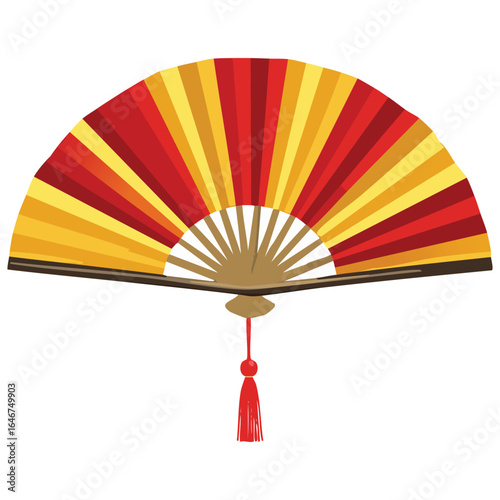A classic, ornate Asian folding fan, made from bamboo and paper or silk, featuring traditional artwork that represents Japanese and Chinese cultural heritage.