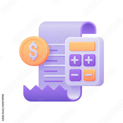 3D accounting icon with receipt calculator and dollar coin