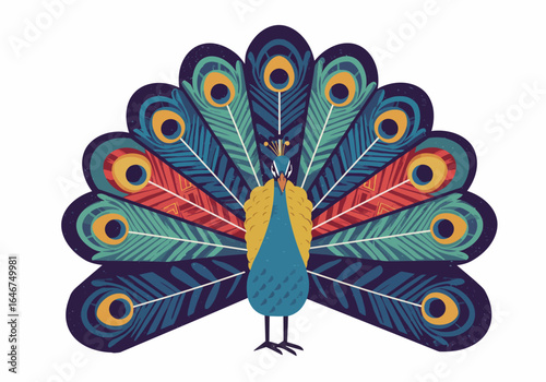 Stylized Peacock with Elaborate Feather Display and Crown