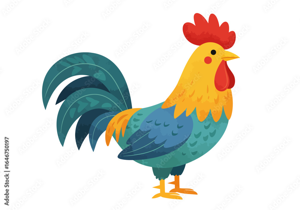 Fototapeta premium Colorful Cartoon Rooster Illustration with Red Comb and Teal Tail Feathers