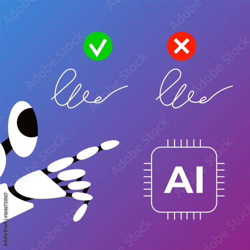 Fake digital sign. Digital counterfeits. Machine vision with ai robot. Flat vector illustration