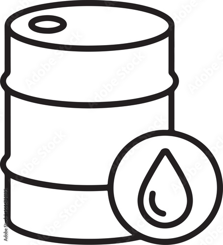 Line art icon of a metal barrel with a drop of liquid inside a circle