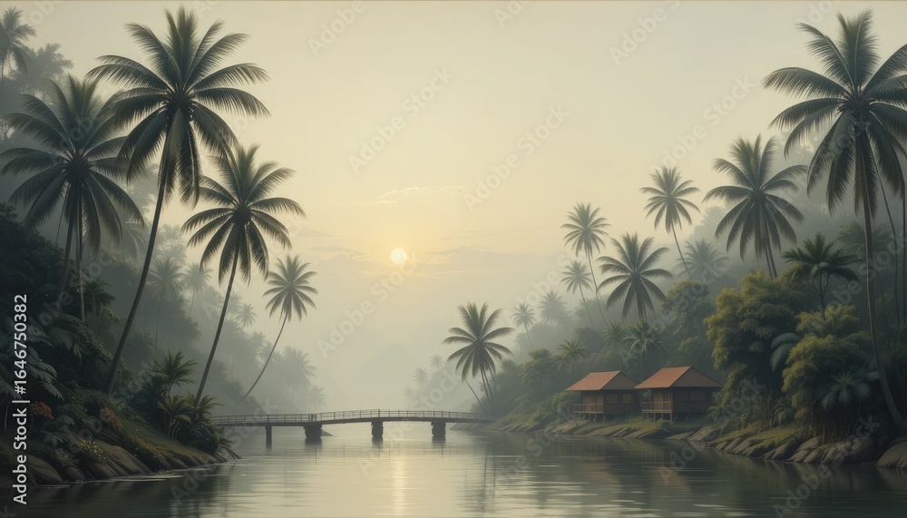 Obraz premium Tropical river scene with palm trees and houses at sunrise