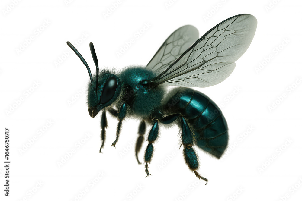 Fototapeta premium Metallic blue bee hovering, transparent backdrop highlighting shimmering body and translucent wing details