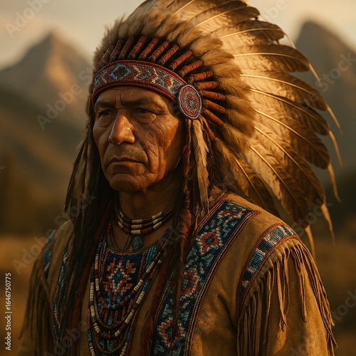 Noble Native American Warrior in Traditional Feathered Headdress with Sunlit Mountain Background