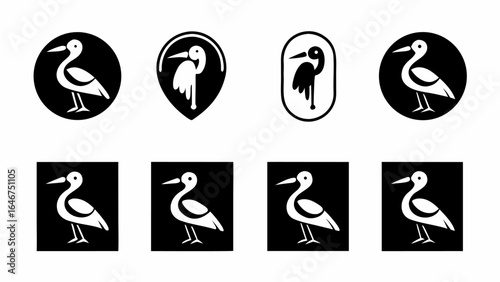 Collection of eight black and white stylized stork logos in various shapes and orientations displayed silhouette