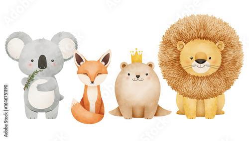 Adorable watercolor animal squad featuring a koala, fox, bear with crown, and majestic lion on a