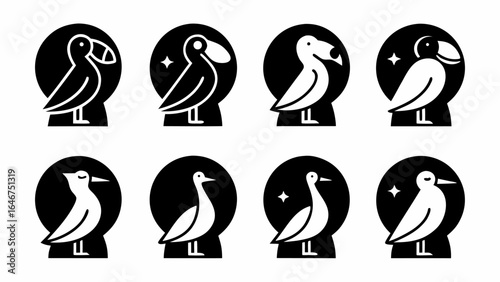 Eight stylized bird icons in black and white with varying beak shapes and star accents on a white background silhouette