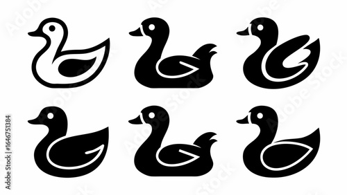 Illustration of six duck icons in black and white with varying designs and orientations on a white background silhouette