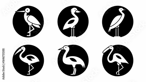 Collection of six stylized white stork icons in black circles with varied poses and leg positions silhouette