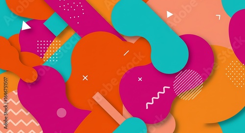 Modern abstract background featuring a dynamic composition of colorful, overlapping fluid shapes and geometric elements with a subtle 3D paper-cut effect