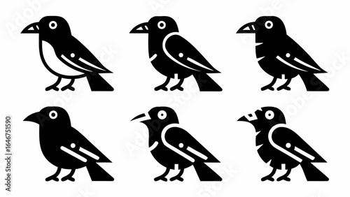 Six black bird icons in a row with different feather and beak designs on a white isolated background silhouette